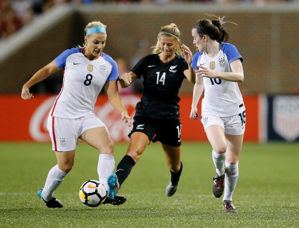 United States forward Julie Ertz (8), pictured here in a friendly match at the University of Cincinnati's Nippert Stadium against New Zealand on Sept. 19, 2017, will play her final international match on Thursday against South Africa at TQL Stadium. Ertz is a two-time FIFA World Cup champion as a member of the USWNT.