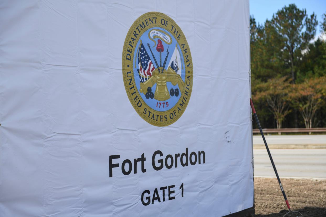 The new Fort Eisenhower sign is covered with a Fort Gordon Gate One tarp outside the gate on Monday, Oct. 16, 2023.