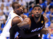 OKLAHOMA CITY, OK - JUNE 14: LeBron James #6 of the Miami Heat and Serge Ibaka #9 of the Oklahoma City Thunder battle for position in the second quarter in Game Two of the 2012 NBA Finals at Chesapeake Energy Arena on June 14, 2012 in Oklahoma City, Oklahoma. NOTE TO USER: User expressly acknowledges and agrees that, by downloading and or using this photograph, User is consenting to the terms and conditions of the Getty Images License Agreement. (Photo by Ronald Martinez/Getty Images)