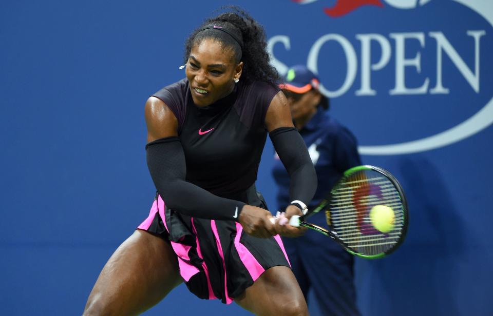 Serena Williams of the US hits a return against Karolina Pliskova of Czech Republic during their 2016 US Open Womens Singles semifinal match at the USTA Billie Jean King National Tennis Center in New York on September 8, 2016. / AFP / Timothy A. CLARY        (Photo credit should read TIMOTHY A. CLARY/AFP/Getty Images)