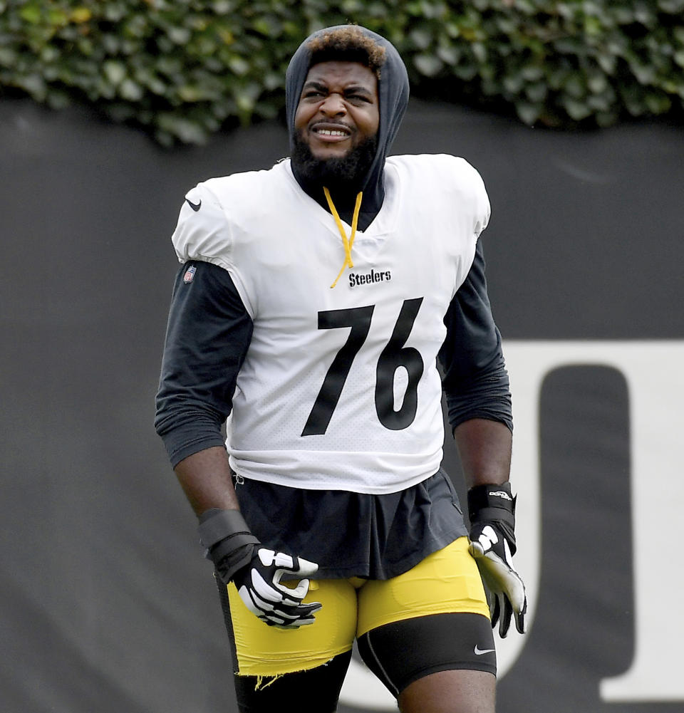 Pittsburgh Steelers offensive lineman Chukwuma Okorafor heads to a drill during NFL football practice Wednesday, Oct. 13, 2021, in Pittsburgh. (Matt Freed/Pittsburgh Post-Gazette via AP)