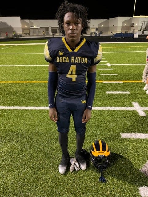 Boca Raton cornerback Markeece Johnson returned an interception 58 yards for a touchdown in Friday night's victory over Santaluces.