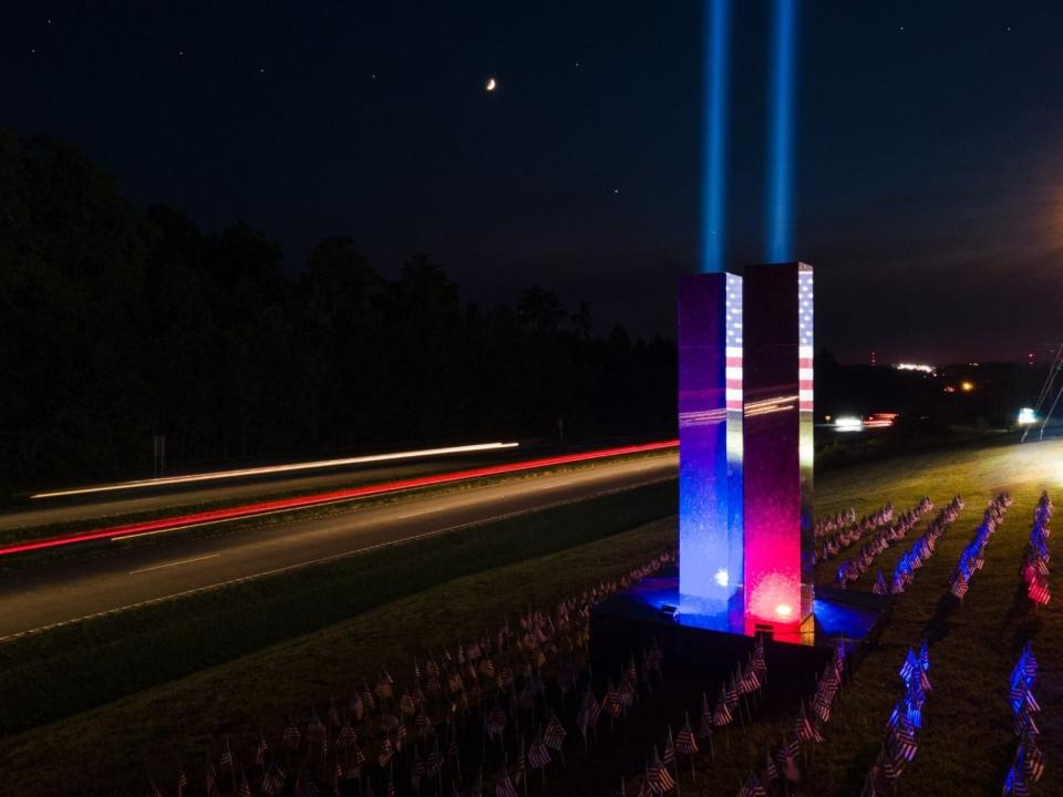 The 9/11 memorial at Upstate Granite Solutions in Greenville, South Carolina fully lit. (courtesy of Upstate Granite Solutions)