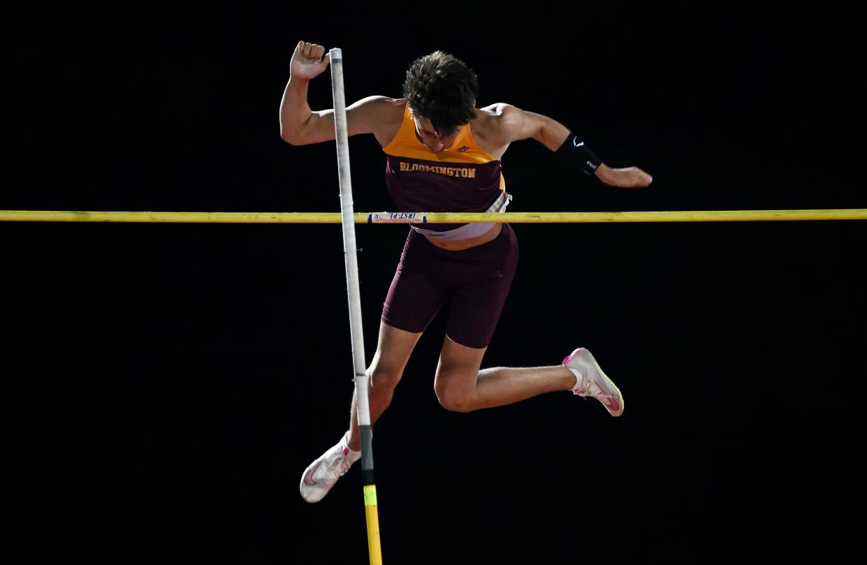 Bloomington North’s Ethan Isles went on win the boys' pole vault during the Conference Indiana track meet at Bloomington North on Friday, April 26, 2024.