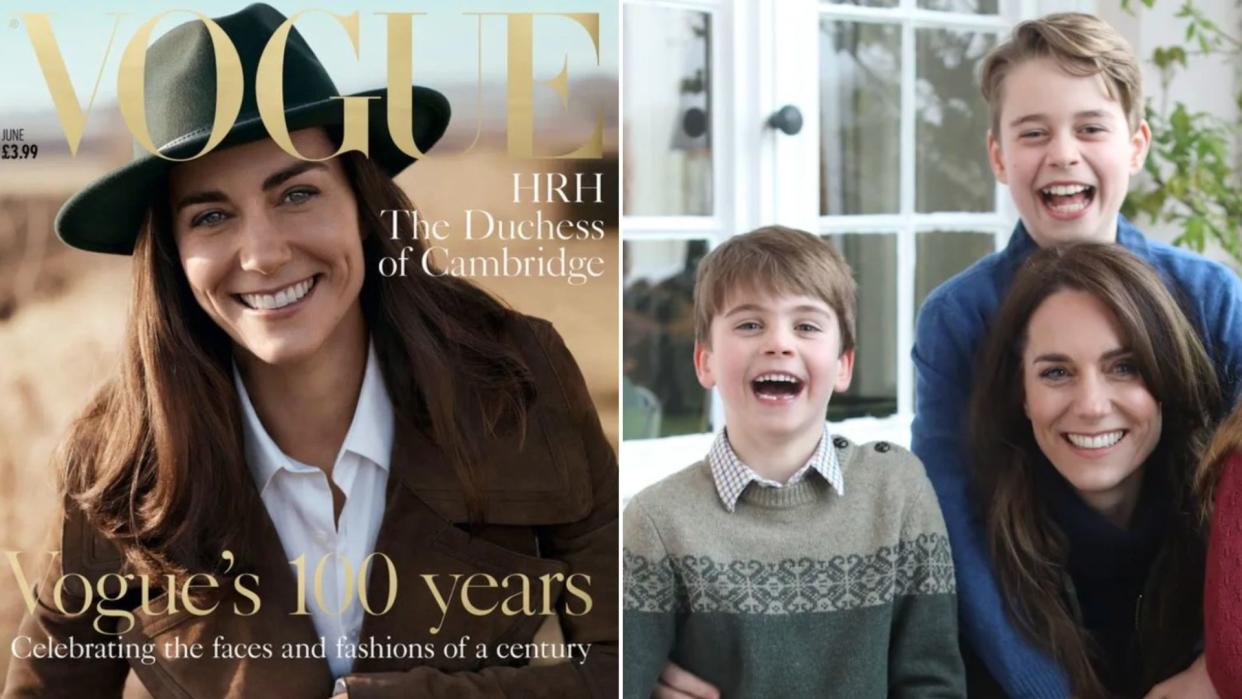 The Princess of Wales on the June 2016 issue of Vogue (right) and in her infamous family snap released on Mother's Day. (Vogue/X/@rubynaldrett/@KensingtonRoyal)