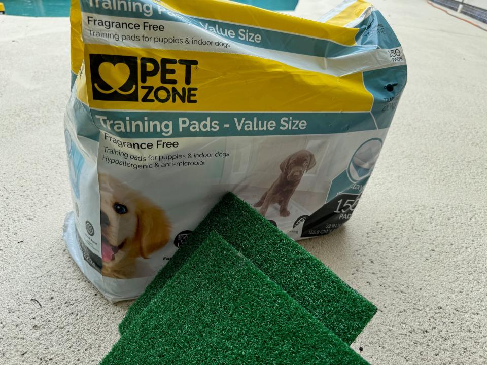 Fake grass, such as these squares, can be a good alternative for a dog that would need to be relieved during a hurricane if storm conditions are too dangerous outside. Other items that could help include puppy pads or to fill a kiddie pool with dirt and keep it in the garage.