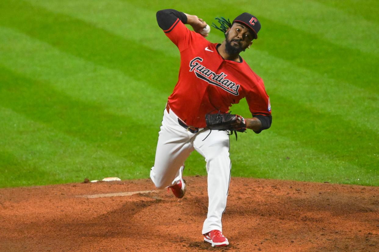 Guardians closer Emmanuel Clase delivers a pitch in the ninth inning against the Boston Red Sox, April 23, 2024, in Cleveland.