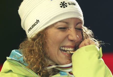 Alpine Skiing - FIS Alpine Skiing World Championships - Women's Alpine Downhill - St. Moritz, Switzerland - 12/2/17 - Ilka Stuhec of Slovenia displays her gold medal. REUTERS/Stefano Rellandini