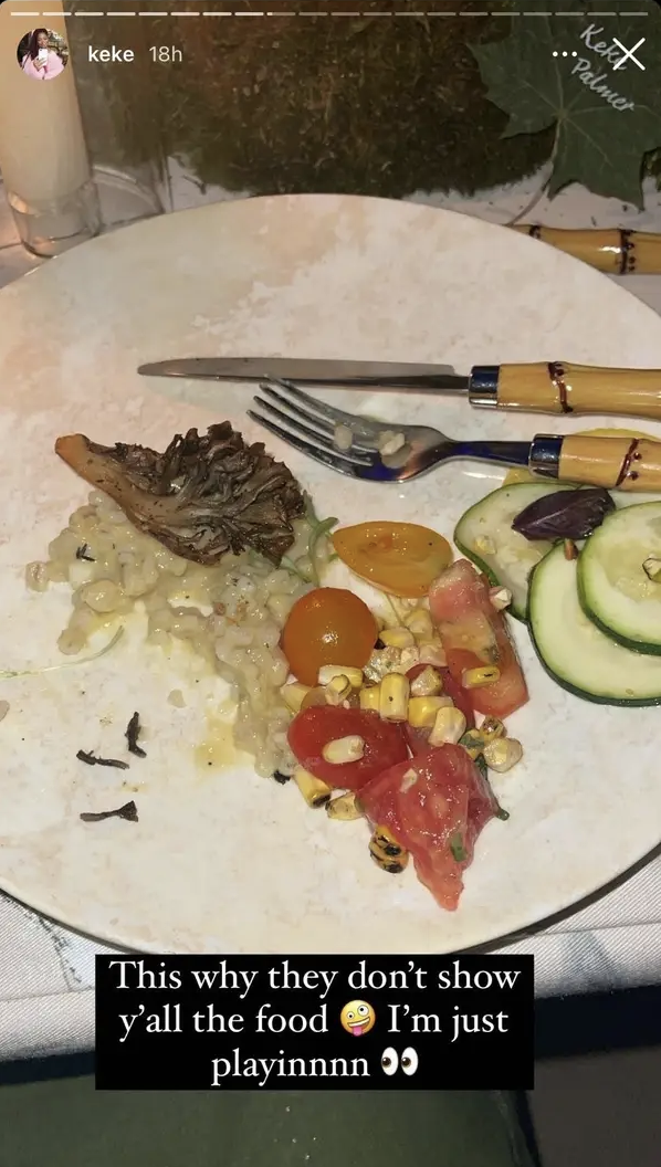 Plate with a mix of vegetables and pasta, with overlaid text expressing humor about food presentation