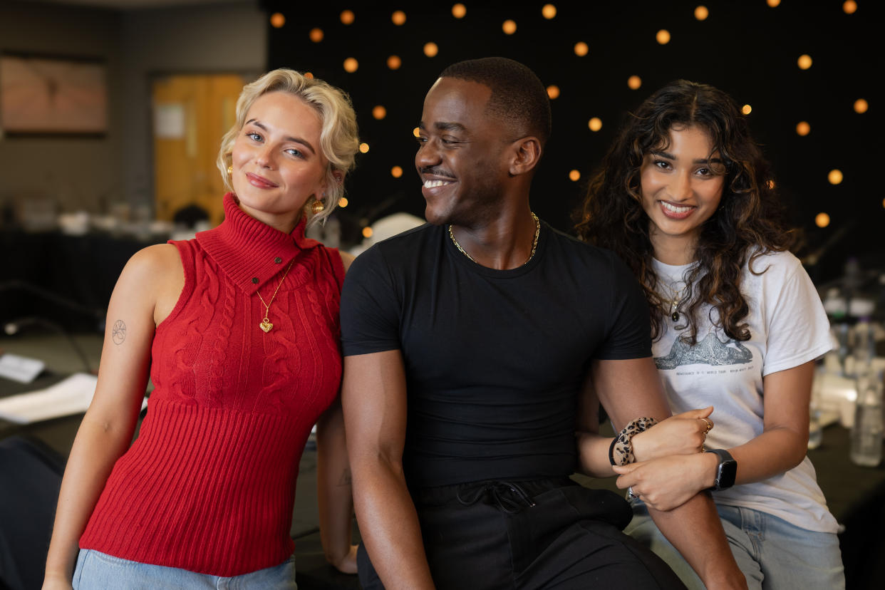 Millie Gibson,  Ncuti Gatwa and Varada Sethu will star together in series 15 of Doctor Who. (BBC)