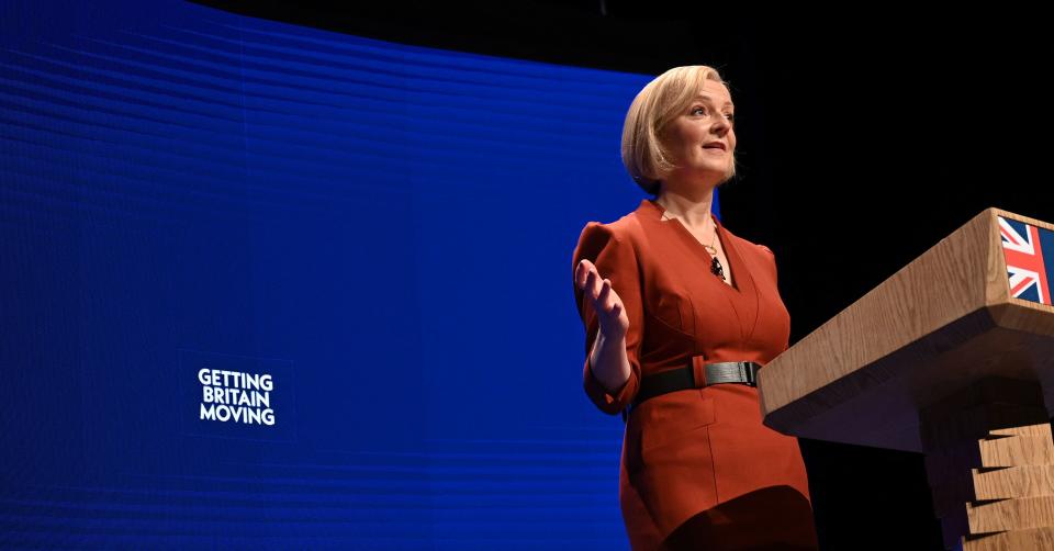 Britain's Prime Minister Liz Truss delivers her keynote address on the final day of the annual Conservative Party Conference in Birmingham, central England, on October 5, 2022. (Photo by Oli SCARFF / AFP) (Photo by OLI SCARFF/AFP via Getty Images)