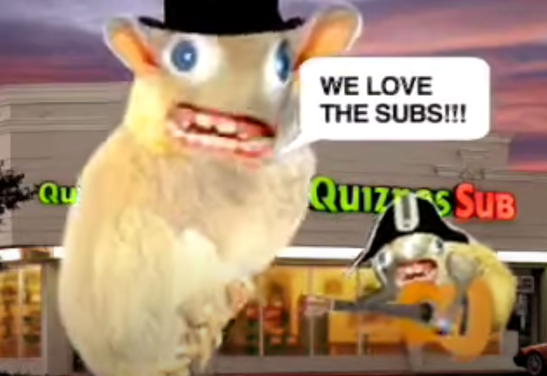 Two rats things performing a song in front of a Quiznos