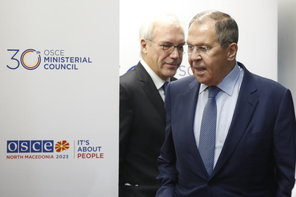 Russia's Foreign Minister Sergey Lavrov, right, arrives to his news conference, during the OSCE (Organization for Security and Co-operation in Europe) Ministerial Council meeting, in Skopje, North Macedonia, on Friday, Dec. 1, 2023. (AP Photo/Boris Grdanoski)