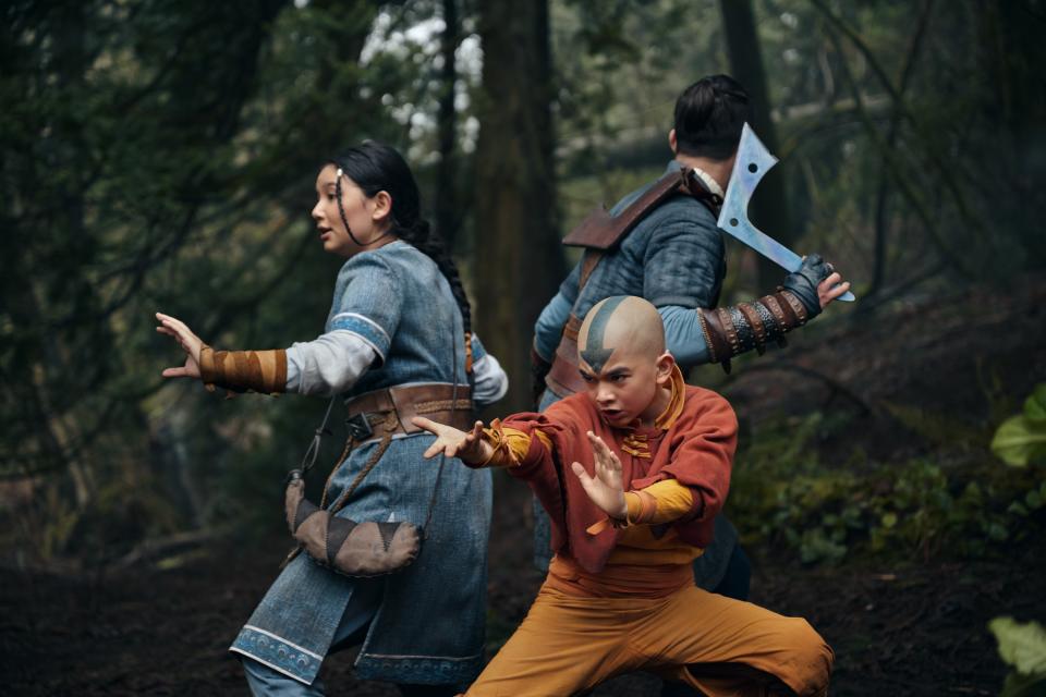 Kiawentiio as Katara, Gordon Cormier as Aang, Ian Ousley as Sokka in Avatar: The Last Airbender. (Netflix)