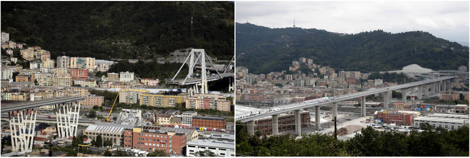 This combo shows a view of the collapsed Morandi highway bridge in Genoa, Italy, Friday, Aug. 17, 2018, left, and a view of the new bridge being inaugurated in Genoa, Italy, Monday, Aug. 3, 2020, right. On Monday, Aug. 14, 2023, Italy marked the fifth anniversary of the collapse of Genoa’s Morandi Bridge with a minute of silence and demands for justice for the 43 people killed in what authorities say was an example of greed-fueled negligence. (AP Photo/Antonio Calanni/Gregorio Borgia)