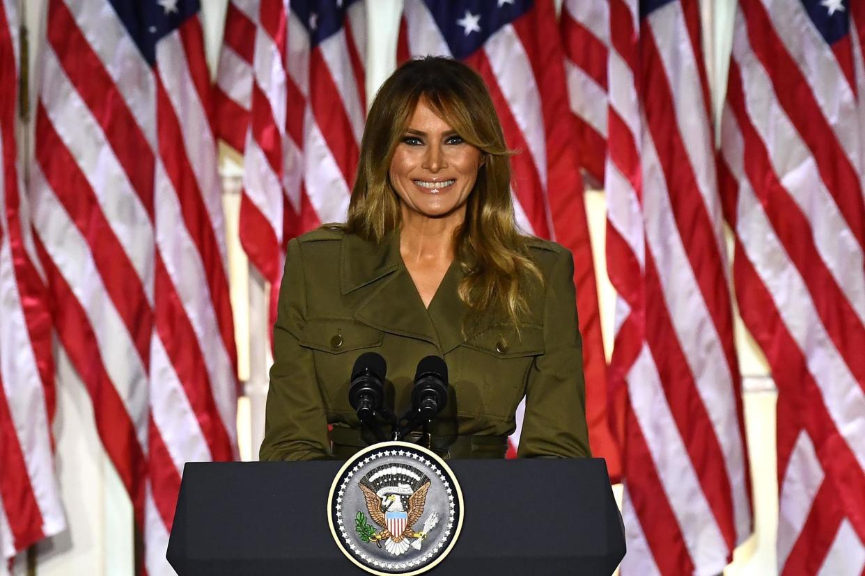 Melania Trump addresses the Republican Convention from the Rose Garden of the White House: AFP via Getty Images