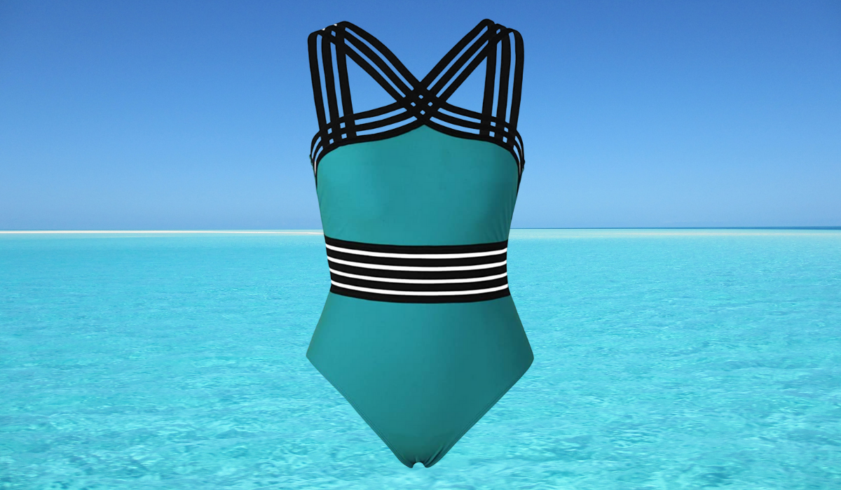 A teal monokini with black straps on the top and in the midsection