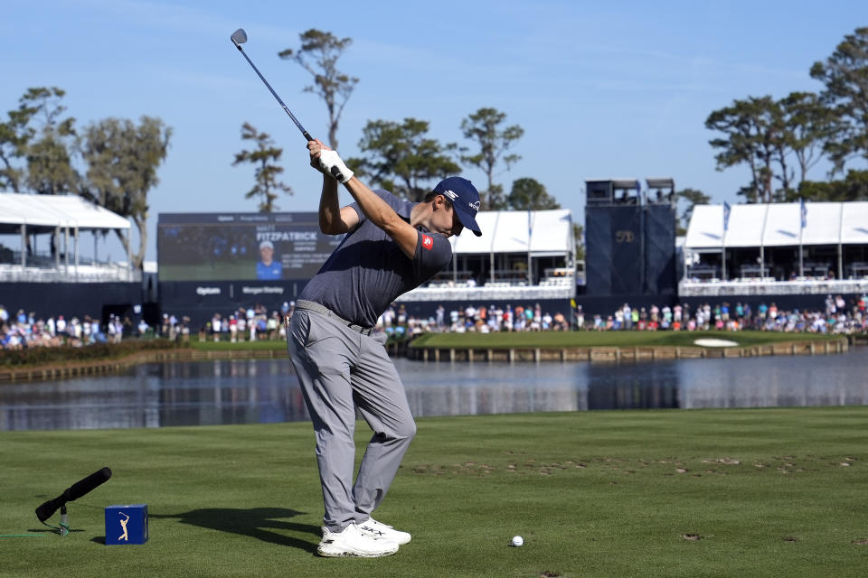 Matt Fitzpatrick, of England, hits from the 17th tee during the second round of The Players Championship golf tournament Friday, March 15, 2024, in Ponte Vedra Beach, Fla. (AP Photo/Lynne Sladky)