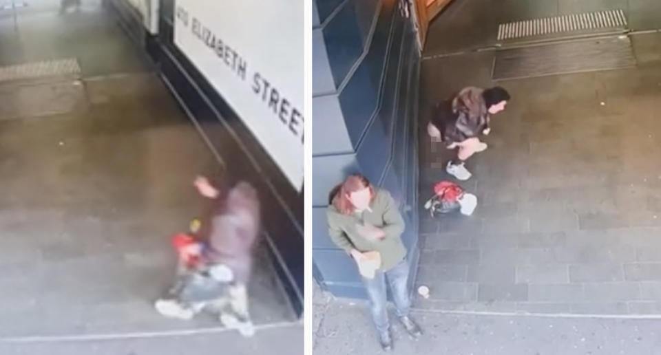 The woman walking into the entrance way on Elizabeth Street in Surry Hills, Sydney (left) and the woman squatting down (right).