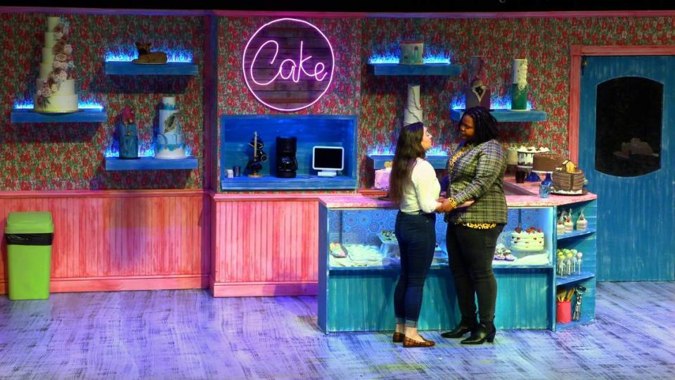 Isabella Minter, left, portrays Jen and Jordan Battle, right, portrays Macy in the Springer Opera House production of “The Cake.” 04/19/2023