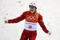 Freestyle Skiing - Pyeongchang 2018 Winter Olympics - Women's Aerials Qualifications - Phoenix Snow Park - Pyeongchang, South Korea - February 15, 2018. Olympic Athlete from Russia, Kristina Spiridonova reacts. REUTERS/Mike Blake