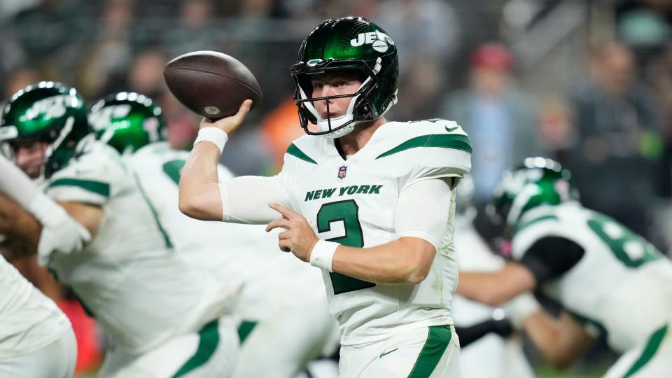 New York Jets quarterback Zach Wilson throws during the second half of an NFL football game against the Las Vegas Raiders Sunday, Nov. 12, 2023, in Las Vegas.