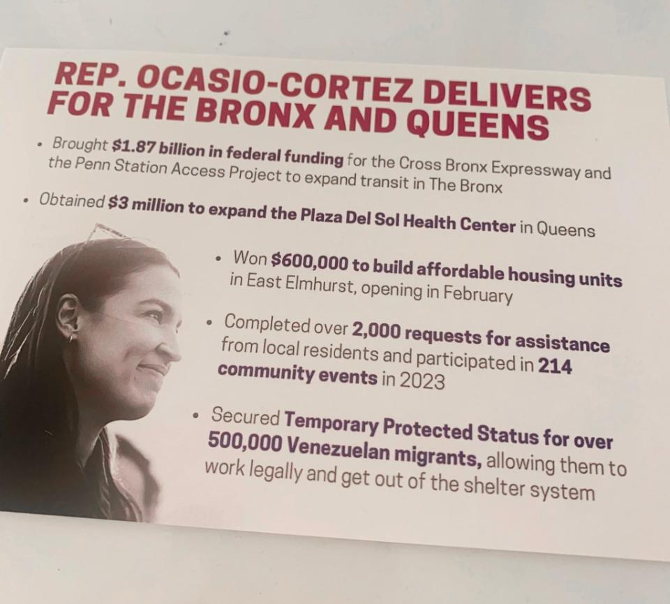 Rep. Alexandria Ocasio-Cortez sent this mailer to constituents bragging about cash for the district she voted against.