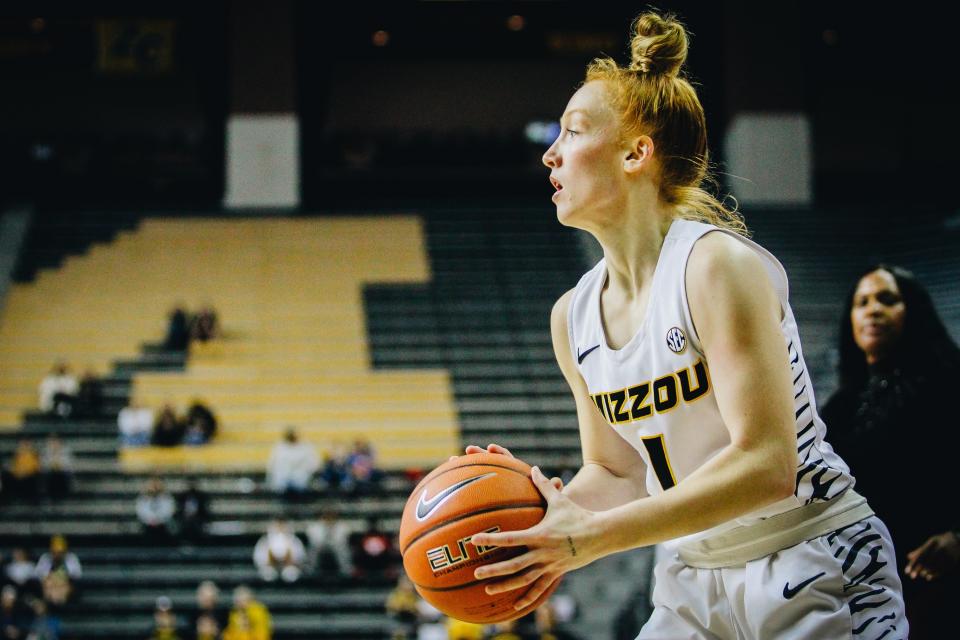 Missouri guard Lauren Hansen squares up to fire a shot during a game at Mizzou Arena earlier this season.