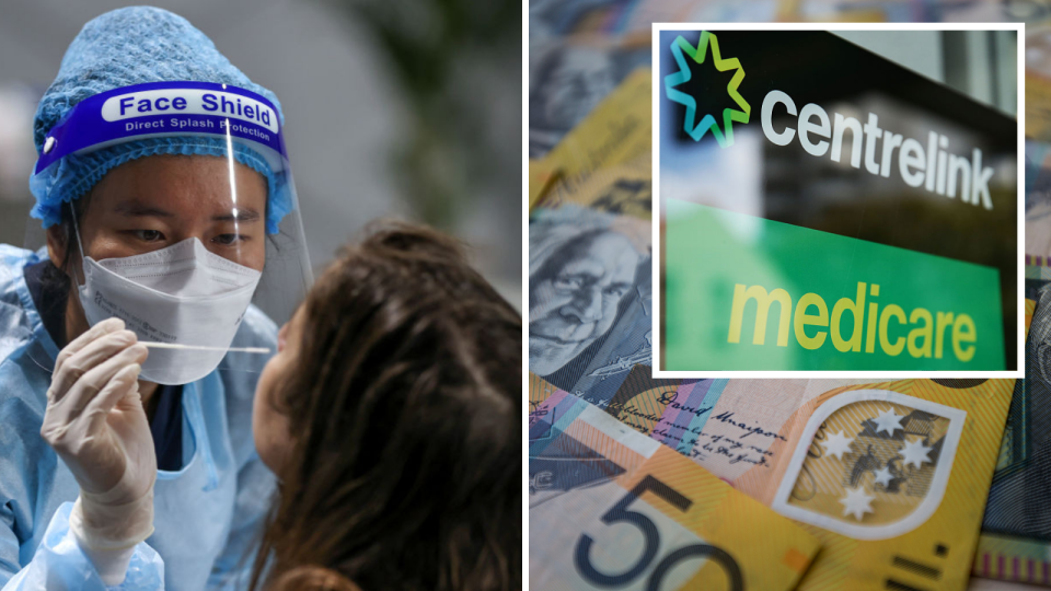 Person wearing face shield and mask tests another for COVID-19. Australian $50 notes with Centrelink, Medicare sign inset.