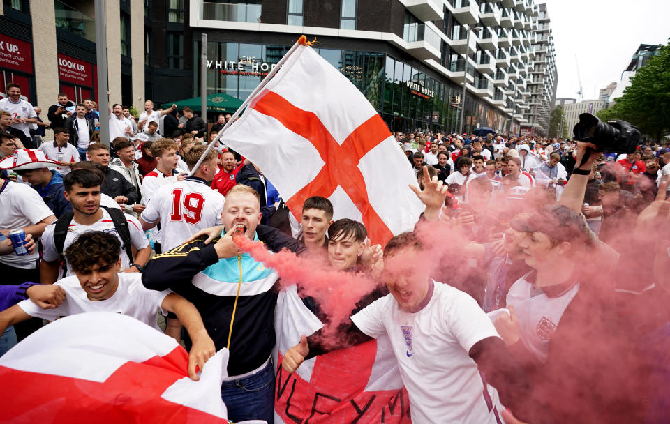<p>Fans arrive at Wembley ahead of the UEFA Euro 2020 round of 16 match between England and Germany at the 4TheFans fan zone outside Wembley Stadium. Picture date: Tuesday June 29, 2021.</p>
