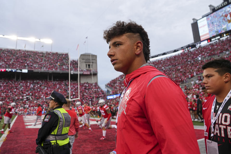 2024 quarterback Dylan Raiola, seen here at Ohio State in 2022, committed to Georgia on Monday.