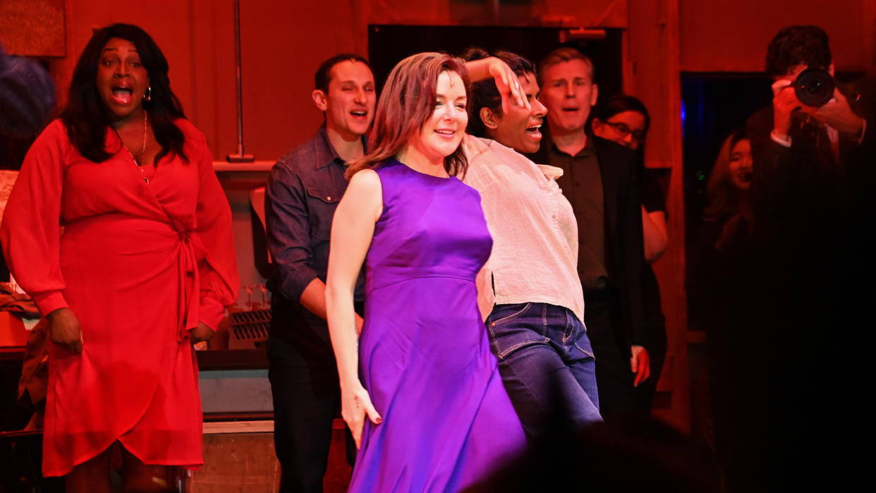  Sheridan Smith in a purple dress onstage during the press night performance of 'Opening Night'. 