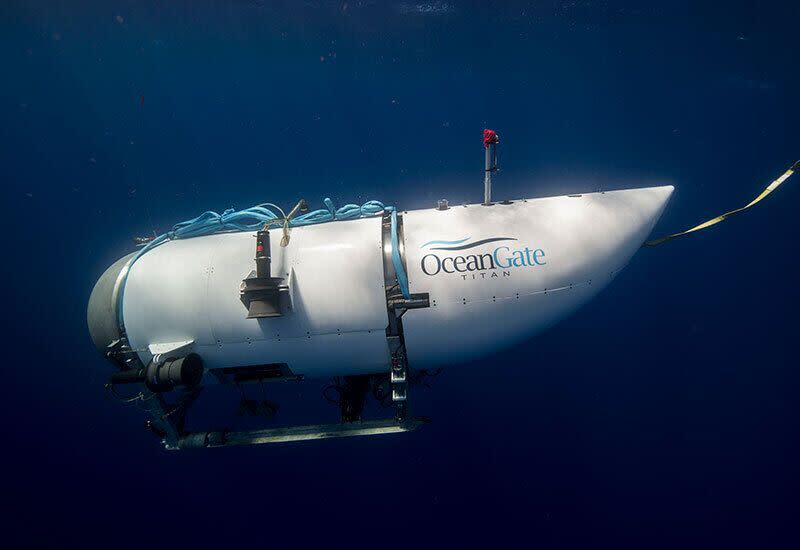 AT SEA - (----EDITORIAL USE ONLY â" MANDATORY CREDIT - " OCEANGATE/ HANDOUT" - NO MARKETING NO ADVERTISING CAMPAIGNS - DISTRIBUTED AS A SERVICE TO CLIENTS----) An undated photo shows tourist submersible belongs to OceanGate begins to descent at a sea. Search and rescue operations continue by US Coast Guard in Boston after a tourist submarine bound for the Titanic's wreckage site went missing off the southeastern coast of Canada. (Photo by Ocean Gate / Handout/Anadolu Agency via Getty Images)