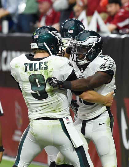 Foles and Maclin, mid-feast (Photo by Norm Hall/Getty Images)