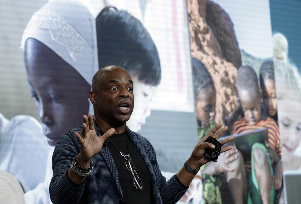 Actor LeVar Burton speaks during the presentation of the XPRIZE for Children's Literacy, Wednesday, May 15, 2019, in Los Angeles. The Berkeley-based Kitkit School and London's onebillion educational nonprofit were declared co-winners of the XPRIZE For Global Learning at a presentation Wednesday night. (AP Photo/Marcio Jose Sanchez)