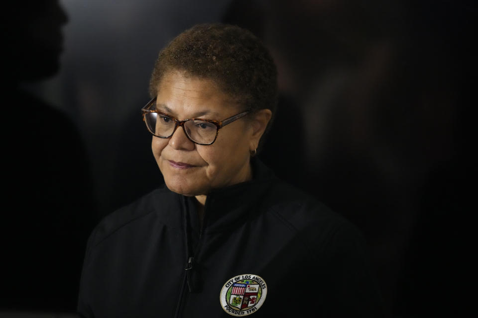 FILE - Los Angeles Mayor Karen Bass waits to speak during a news conference in Los Angeles on Jan. 24, 2023. Keenan Darnell Anderson, a teacher who was repeatedly shocked with a Taser by Los Angeles police, died from an enlarged heart and cocaine use, according to an autopsy report released Friday, June 2. Bass said her thoughts were with Anderson's friends and family "as I know the release of this report will cause them and many Angelenos great pain as they still mourn this loss." (AP Photo/Marcio Jose Sanchez, File)