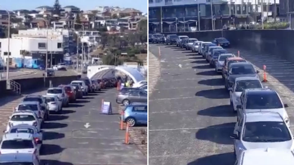 Footage shows a long line of idling cars in Bondi. Source: Twitter/Dan Ilic