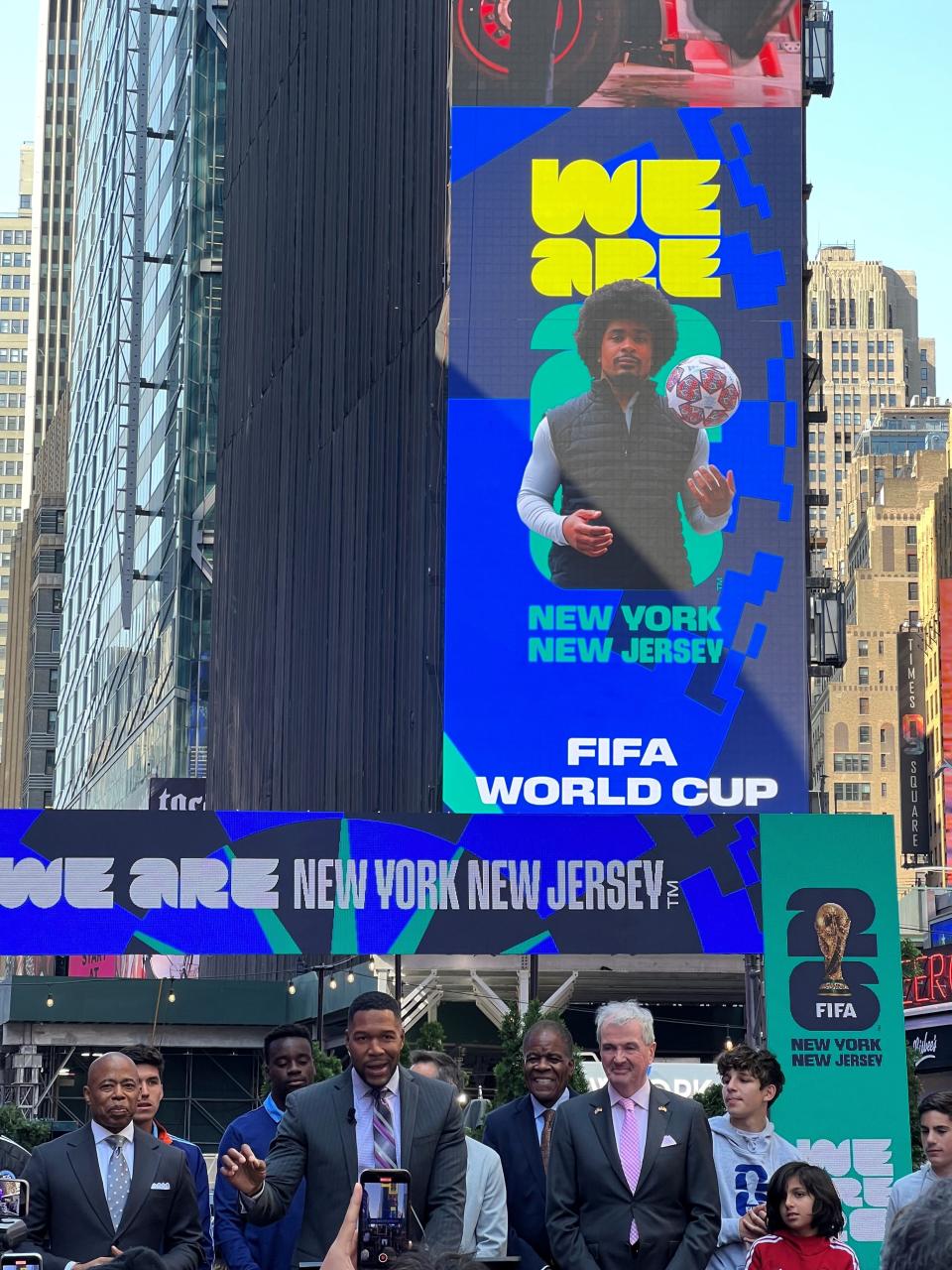 Before a small crowd of fans inside Times Square, New Jersey Governor Phil Murphy and New York City Mayor Eric Adams made the case Thursday for the metro region to host the coveted final game of the men’s World Cup tournament in 2026.