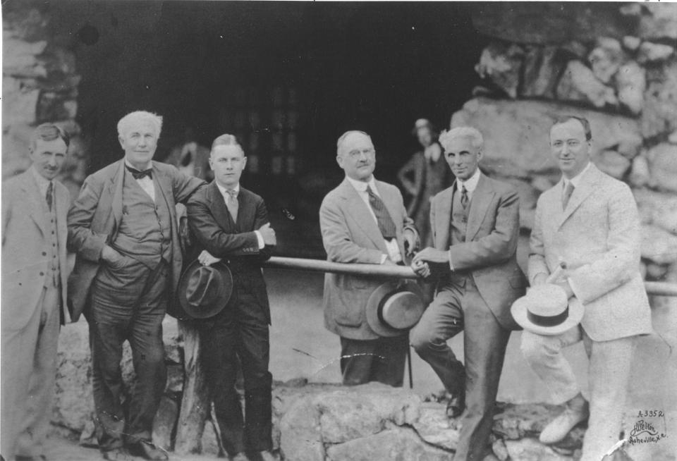 (Left to right) Harvey Firestone Sr., Thomas Edison, Harvey Firestone Jr., Horatio Seymour, Henry Ford and Fred Seely, at the Grove Park Inn in Asheville, N.C., in 1918.