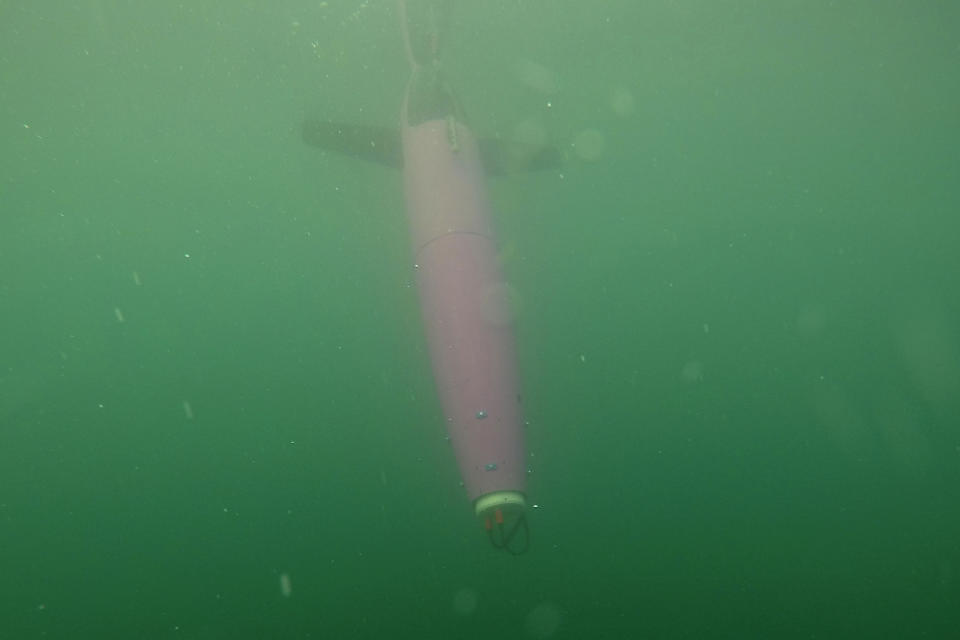 This April 28, 2022, photo provided by Andrew McDonnell shows an underwater glider in the Gulf of Alaska. The glider was fitted with a special sensor that will collect an enormous amount of data to study ocean acidification. (Andrew McDonnell via AP)