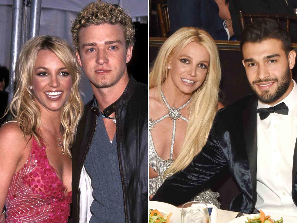 <p>Ron Galella, Ltd./Ron Galella Collection via Getty ; J. Merritt/Getty</p> Singer Britney Spears and Justin Timberlake at the 29th Annual American Music Awards in 2002. ; Britney Spears and Sam Asghari at the 29th Annual GLAAD Media Awards in 2019. 