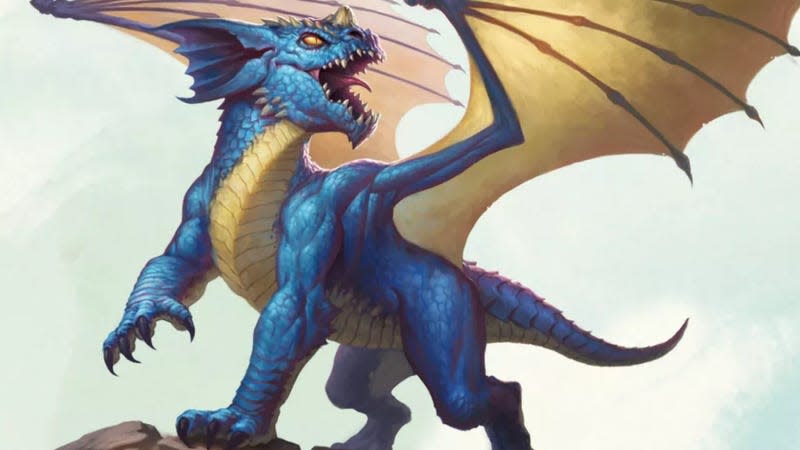 A young blue dragon reveals its fangs.