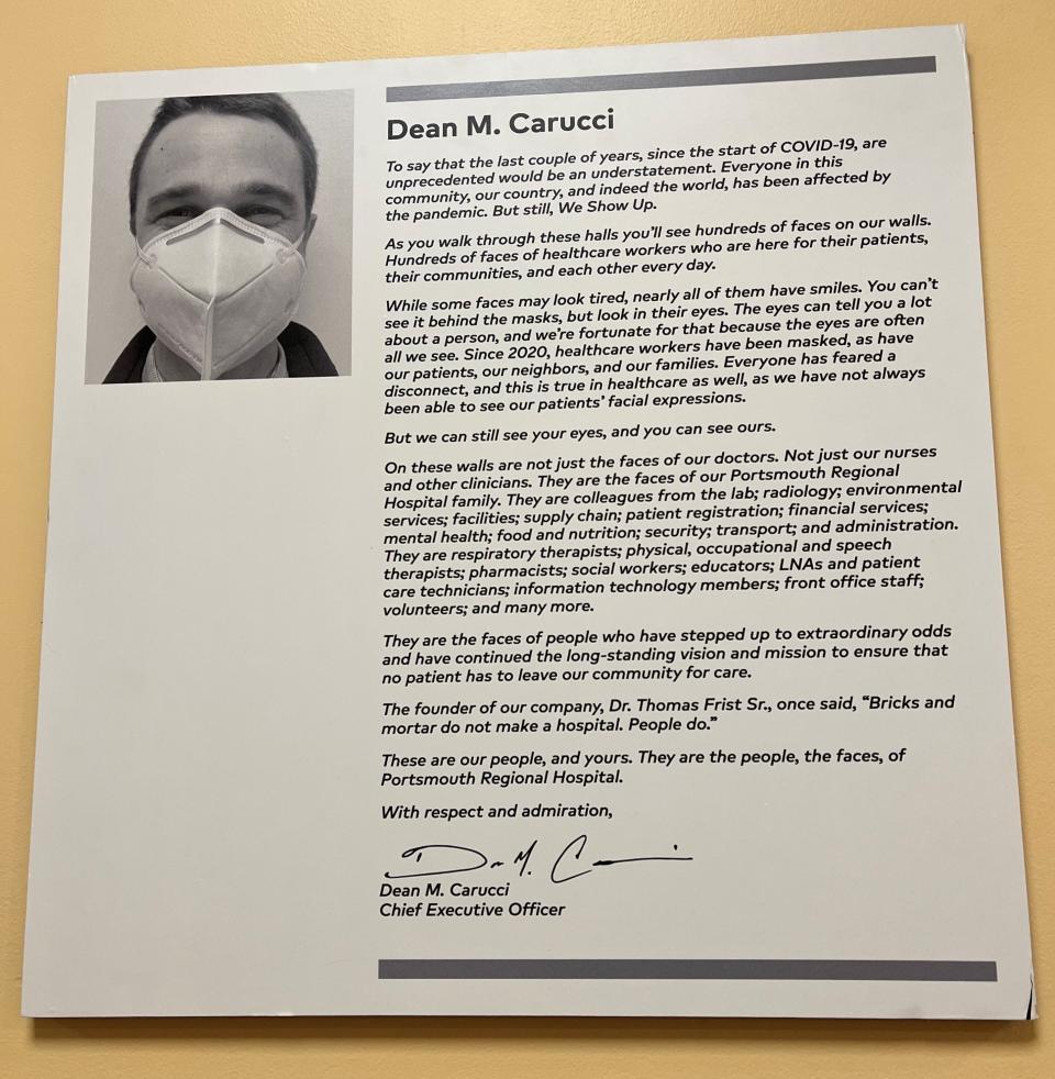 A message from Portsmouth Regional Hospital CEO Dean Carucci shares the vision behind the photo installation, to celebrate the contributions and commitment of all hospital staff during the COVID-19 pandemic and every day to care for their patients, colleagues, and communities.