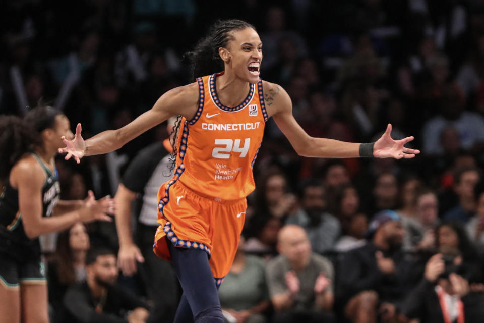 Connecticut Sun forward DeWanna Bonner celebrates after scoring against the New York Liberty during Game 1 of the WNBA semifinals on Sept. 24, 2023, at Barclays Center in New York. (Wendell Cruz/USA TODAY Sports) 