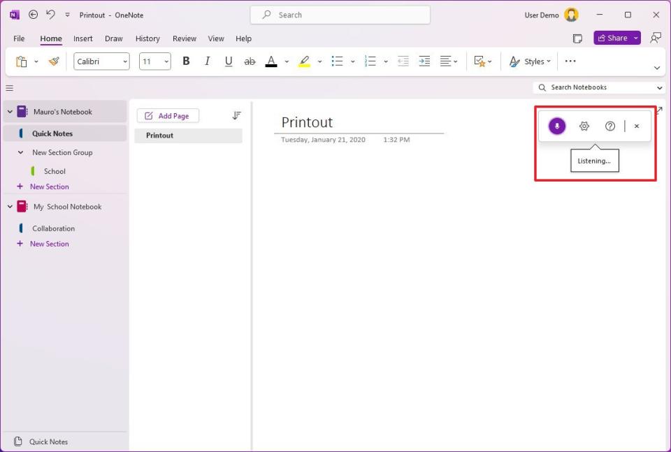 OneNote dictate control