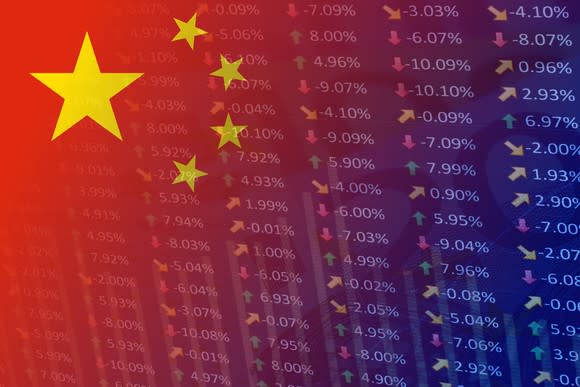 The Chinese flag overlaid on stock-price change indicators