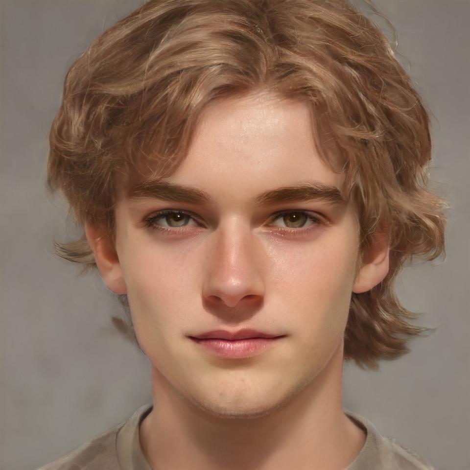 He's described as having curly blond hair, tawny, amber eyes, long eyelashes, and being slim but muscular. He's tall — almost 6 feet — and is known for being good-looking. He's 16 years old in the first book, almost 17.