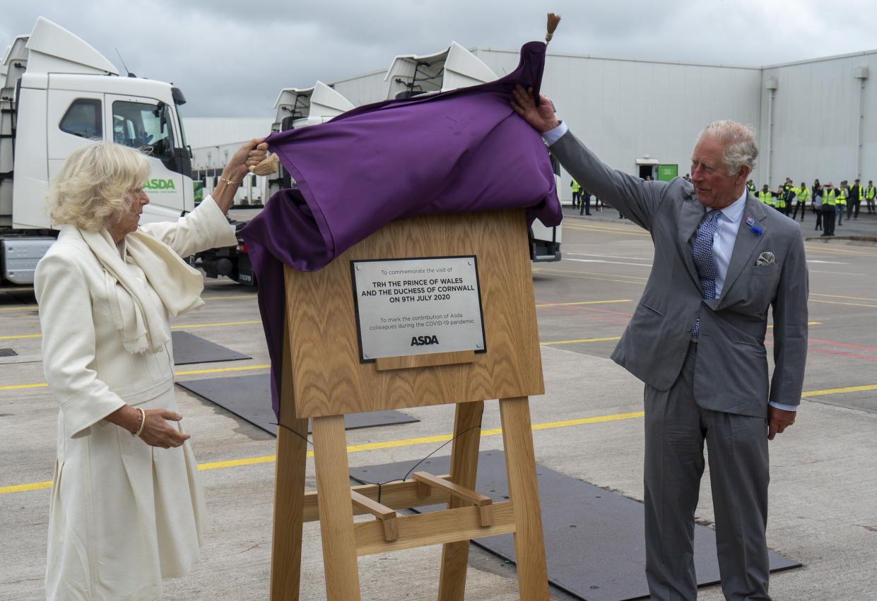 AVONMOUTH, ENGLAND - JULY 09: Prince Charles, Prince of Wales who is President of Business In The Community, and Camilla, Duchess of Cornwall visit an Asda distribution centre to thank staff who have kept the country's vital food supplies moving throughout the coronavirus pandemic on July 9, 2020 in Avonmouth, England. (Photo by Arthur Edwards - WPA Pool/Getty Images)