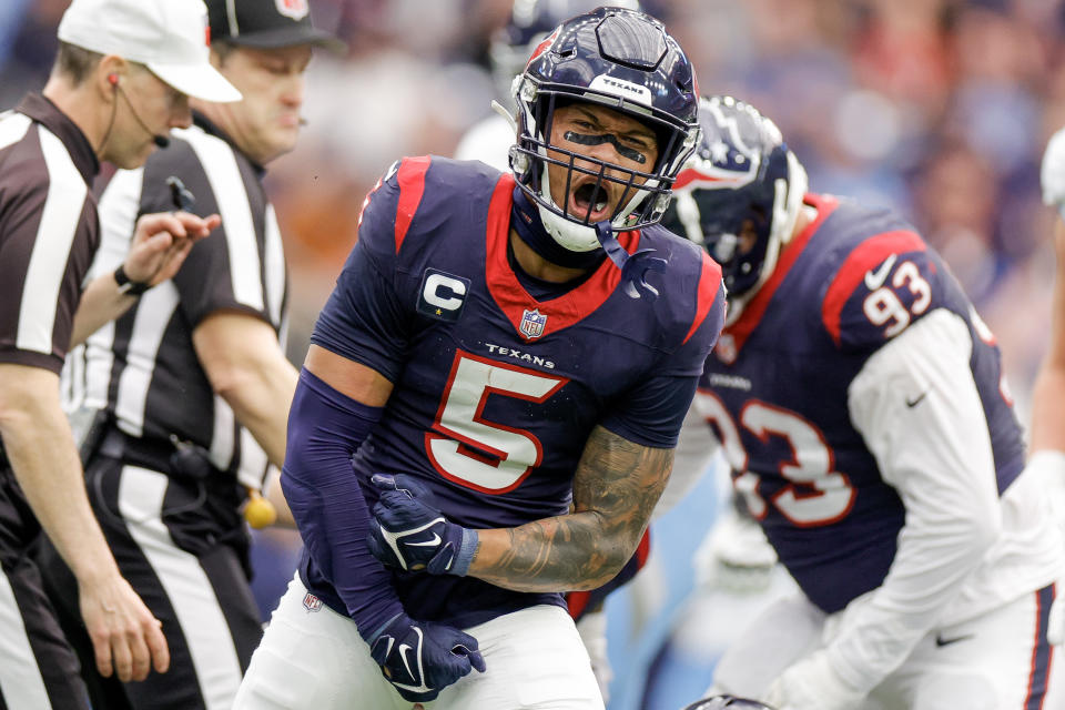 Jalen Pitre #5 of the Houston Texans celebrates a stop during the second quarter of a game against the Tennessee Titans at NRG Stadium on December 31, 2023 in Houston, Texas. (Photo by Carmen Mandato/Getty Images)