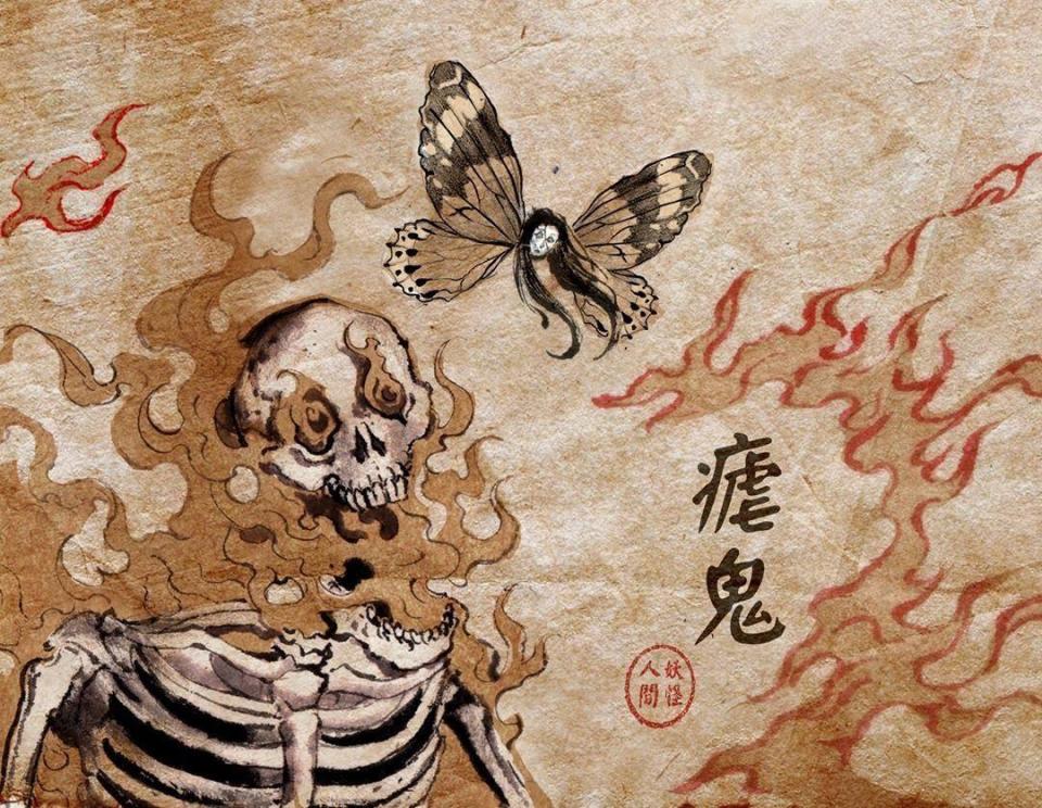 葉羽桐為《妖怪人間》繪出的「瘧鬼」，擁有人頭蝶身，還會為人類帶來傳染病災難。（翻攝自妖怪人間臉書粉絲頁）